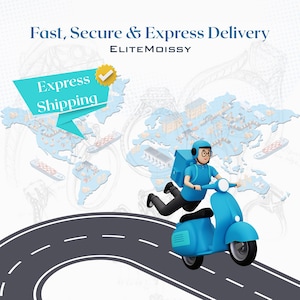 May include: A cartoon image of a delivery person on a blue scooter, delivering a package. The text reads "Fast, Secure & Express Delivery" and "Express Shipping". A world map is in the background.