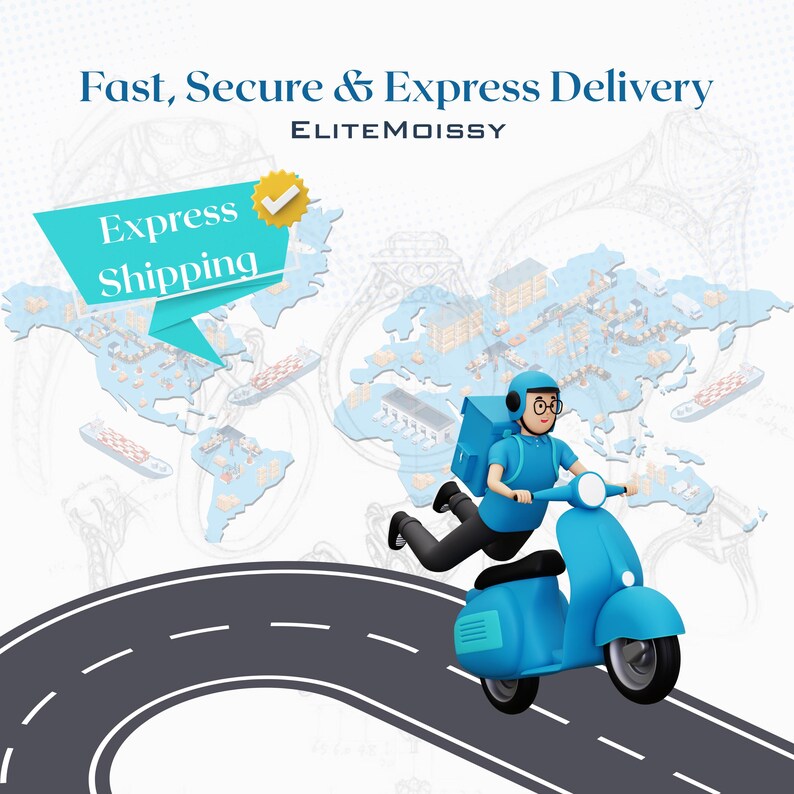 May include: A cartoon image of a delivery person on a blue scooter, delivering a package. The text reads "Fast, Secure & Express Delivery" and "Express Shipping". A world map is in the background.