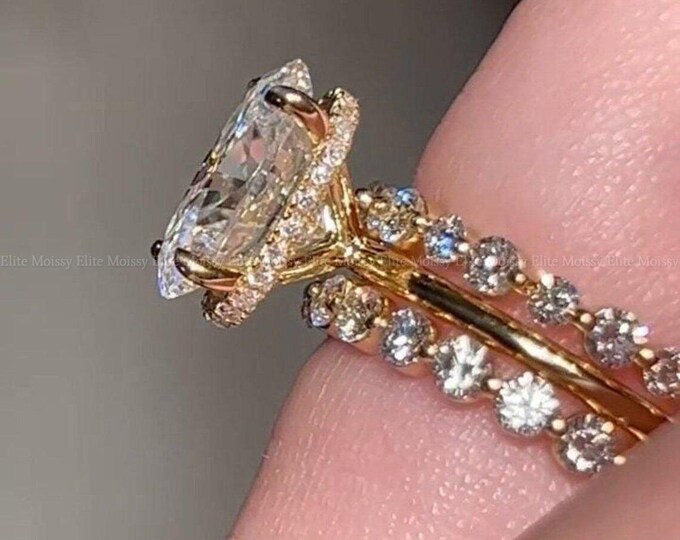 3CT Oval Cut Moissanite Engagement Ring Set, Triple Double Band Bridal Ring Set, 14K Solid Gold Hidden Halo Trio Ring, Wedding Ring Set