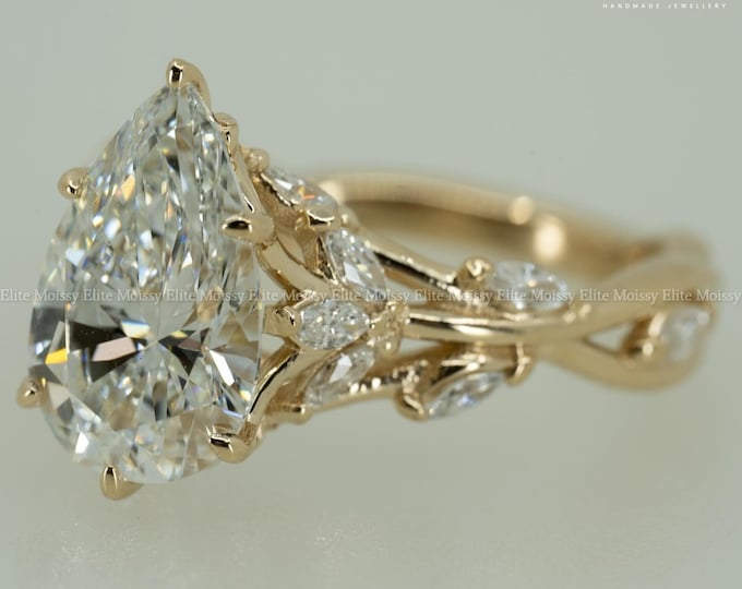 2.5CT Pear Shaped Lab Grown Diamond Engagement Ring Pear Floral Ring 18K Solid Gold Antique Twisted Ring Nature Inspired Floral Ring for Her