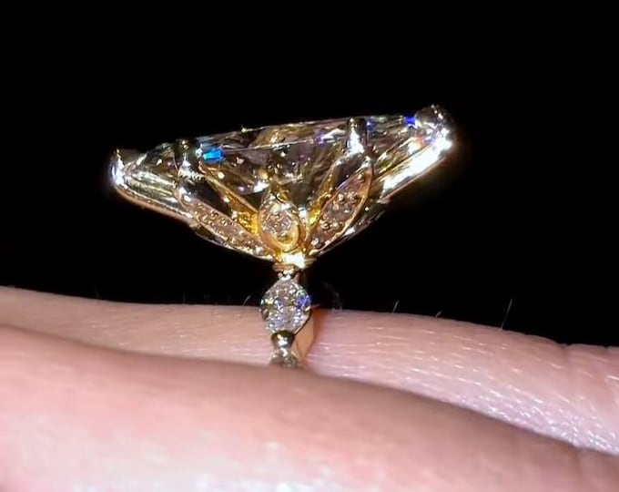 Tulip Setting Marquise Shaped Lab Grown Diamond Ring Vintage Floral 14K Solid Gold Hidden Halo Wedding Ring for Women Gold Ring