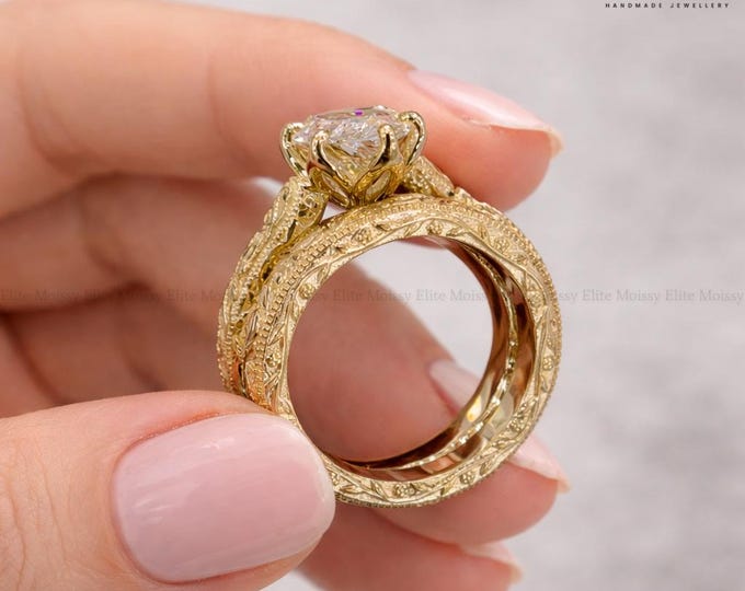 2.5CT Marquise Engagement Ring Set 14K Solid Yellow Gold Art Deco Vintage Hand Engraved Bridal Wedding Ring Set Promise Ring For Her