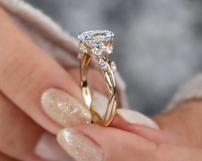 2.00CT Oval Cut Moissanite Engagement Ring 14K Solid Gold Floral Twisted Band Marquise Accent Stones Unique Solitaire Wedding Ring for Her
