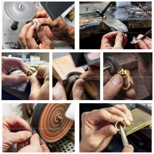 May include: A collage of images showing the process of jewelry making. Hands are seen working on rings with various tools, including polishing wheels and small hand tools. The rings are gold and silver, some with gemstones.