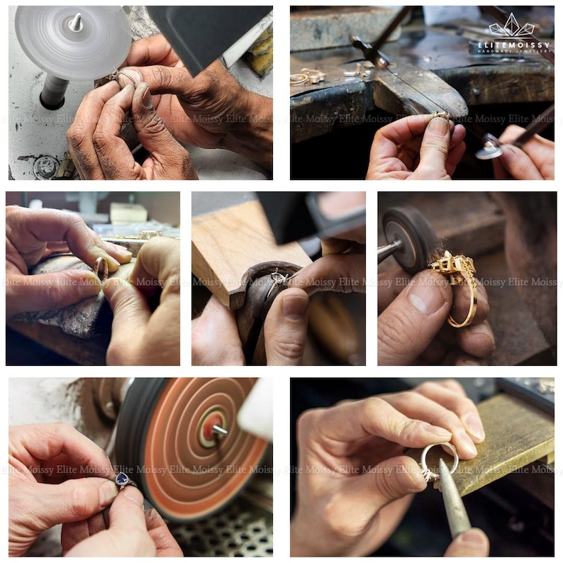 May include: A collage of images showing the process of jewelry making. Hands are seen working on rings with various tools, including polishing wheels and small hand tools. The rings are gold and silver, some with gemstones.