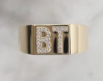 Personalized Lab Diamond Initial Ring Gold Signet Ring Custom Letter Statement Ring Unisex Statement Ring Custom Signet Pinky Ring for Him