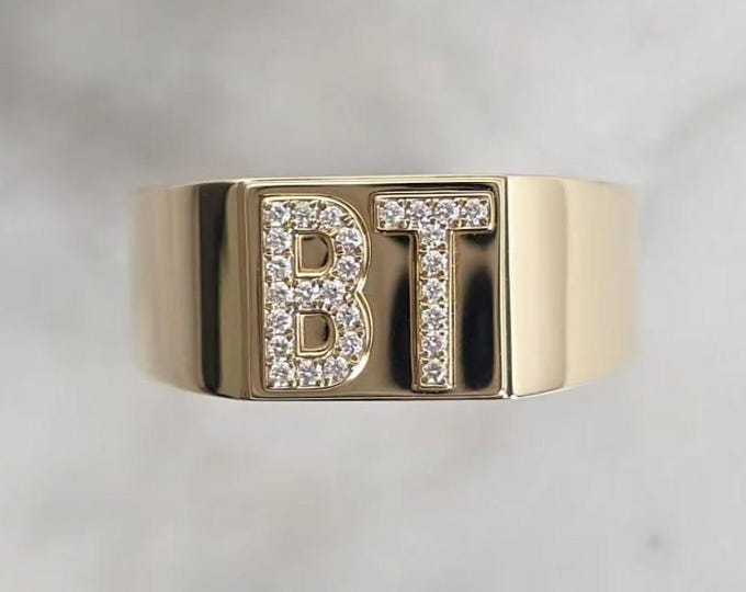 Personalized Lab Diamond Initial Ring Gold Signet Ring Custom Letter Statement Ring Unisex Statement Ring Custom Signet Pinky Ring for Him
