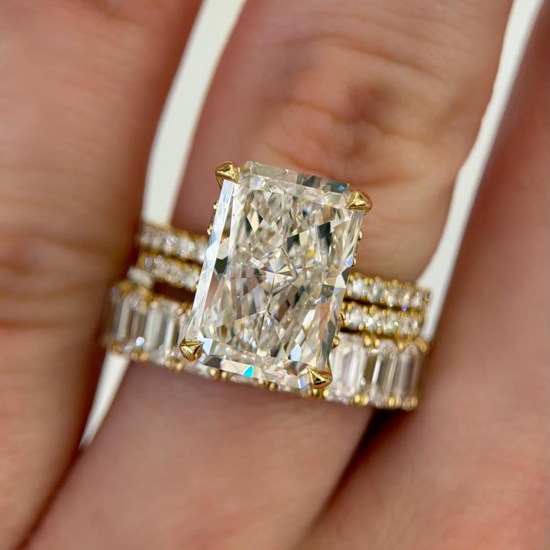 4CT Radiant Cut Lab Grown Diamond Ring Set Double Band Yellow Gold ...