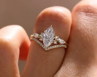 Anillo de compromiso de moissanita con diamante marquesa de 2 quilates, anillo único de oro rosa, anillo de diamantes, banda de hoja, conjunto nupcial, anillo de promesa, anillo de aniversario