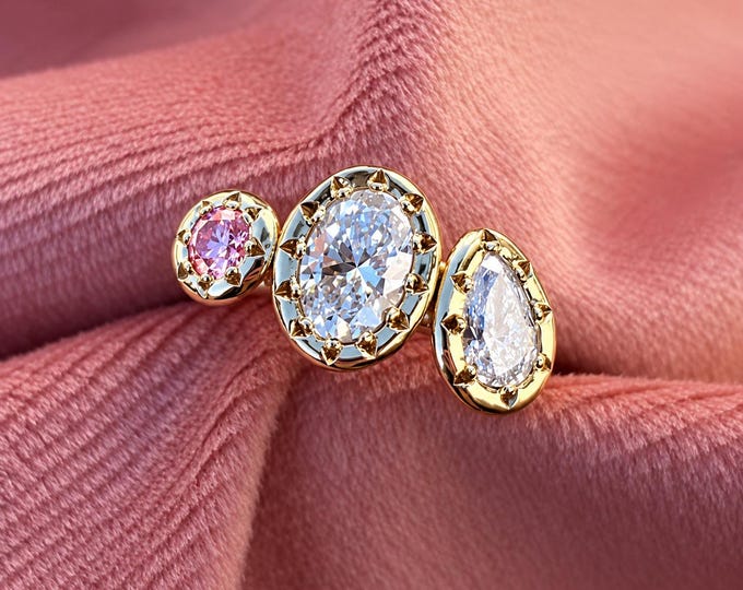 Bezel Set Oval Moissanite Engagement Ring Pink Round Stone Ring Pear Moissanite Diamond Ring Three Stone Minimalist Ring 14K Solid Gold Ring