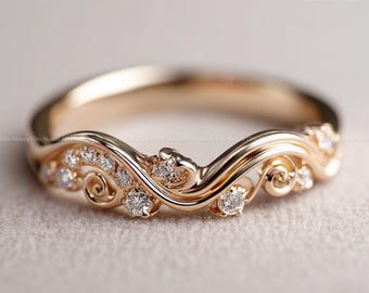 Anillo de diamantes con diseño de onda vintage, alianza de boda curva, anillo apilable de oro, alianza nupcial única, anillo de promesa minimalista, regalo de aniversario para ella.