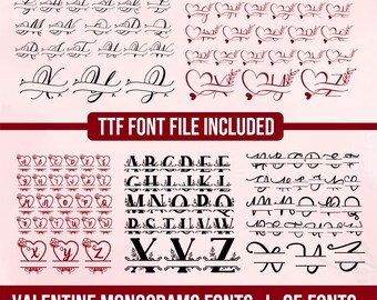 Fuente de corazón monograma SVG PNG, fuente de San Valentín con corazones, letras de corazón SVG, fuente de amor SVG, fuente de boda con monograma, SVG familiar, clipart