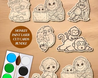 Monkey Paint Laser Cut Bundle, Kids Craft, Cute Monkey, Monkey Coloring Card, Monkey Plush toy, Baby Monkey Cut File, Wood Painting Craft