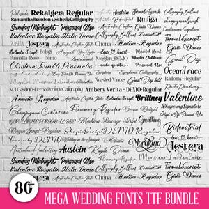 May include: A collection of various wedding fonts in different styles, displayed on a white brick wall. The image includes the text "MEGA WEDDING FONTS TTF BUNDLE" and "80+" in a pink circle.