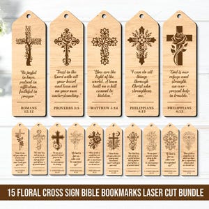 Puede incluir: Un conjunto de 15 marcadores de madera con diseños de cruces florales, cortados con láser con versículos bíblicos. Cada marcador presenta un diseño de cruz único y una escritura correspondiente. El texto "15 FLORAL CROSS SIGN BIBLE BOOKMARKS LASER CUT BUNDLE" está en la parte inferior.