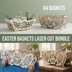 Könnte beinhalten: Ein Bundle von vier lasergeschnittenen Osterkörben aus Holz. Die Körbe weisen aufwendige Ausschnitte auf, darunter Blumen- und Eier-Motive. Der Text "04 BASKETS" wird oben und "EASTER BASKETS LASER CUT BUNDLE" unten angezeigt.