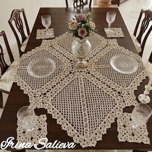 Handgemaakte gehaakte kant tafelkleed set, vintage witte ronde onderleggers voor tafeldecor, katoenen kant placemats, boerderij eetkamer decor 1+4