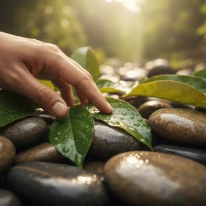 Könnte beinhalten: Eine Hand berührt sanft ein nasses, grünes Blatt, das auf einem Bett aus glatten, dunkelbraunen Flusssteinen liegt. Die Szene wird von sanftem Sonnenlicht durchflutet, wodurch eine ruhige und natürliche Atmosphäre entsteht. Die Blätter sind mit Wassertropfen bedeckt.