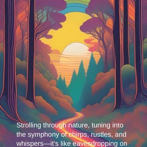Könnte beinhalten: Eine lebendige, psychedelische Illustration einer Waldszene mit Regenbogen, Sonne und gewundenem Pfad. Das Bild enthält den Text: „Durch die Natur spazieren, sich auf die Symphonie aus Zwitschern, Rascheln und Flüstern einstellen...“