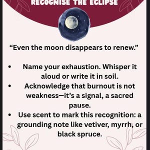 K&ouml;nnte beinhalten: Digitale Seite mit dem Titel &bdquo;RECOGNISE THE ECLIPSE&ldquo; und einer Aquarellillustration des Mondes. Der Text enth&auml;lt ein Zitat und Anweisungen zur Selbstpflege, wie z. B. das Eingestehen von Burnout.