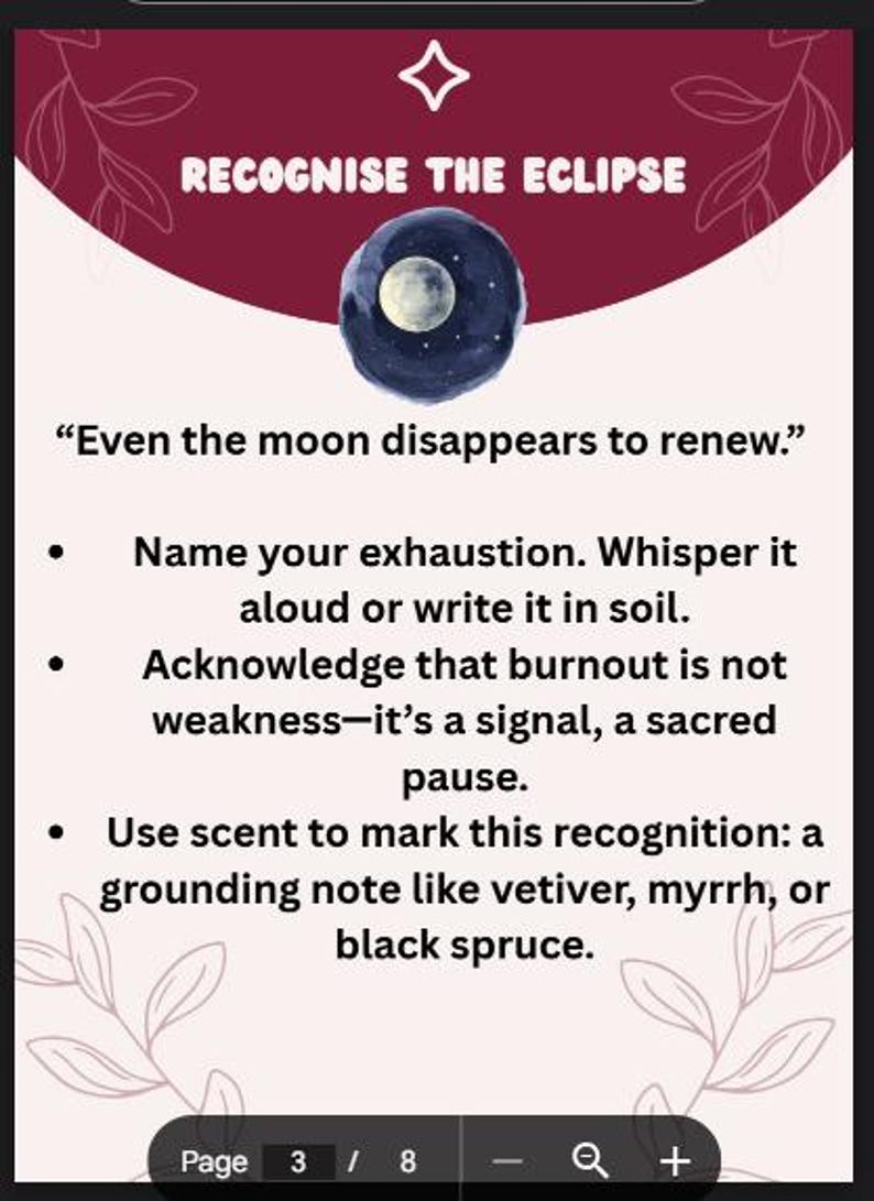 K&ouml;nnte beinhalten: Digitale Seite mit dem Titel &bdquo;RECOGNISE THE ECLIPSE&ldquo; und einer Aquarellillustration des Mondes. Der Text enth&auml;lt ein Zitat und Anweisungen zur Selbstpflege, wie z. B. das Eingestehen von Burnout.