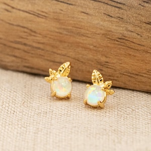 4mm Opal Leaf Stud Earrings, Tiny 14K Gold Second Hole Piercing, October Birthstone, Dainty Cartilage Jewelry, Minimalist Ear Stack