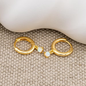 14K Gold Fill Opal Huggie Earrings • Sterling Silver Drop Hoops (9.5mm)
