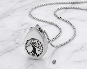 Wisiorek kremacyjny Drzewo Życia | Biżuteria pamiątkowa z urną w kształcie łzy | Medalion pamiątkowy ze stali nierdzewnej | Prezent kondolencyjny | Utrata bliskiej osoby