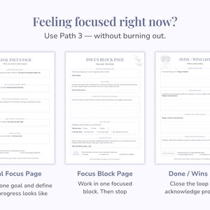 Pu&ograve; includere: Tre pagine di agenda bianche con testo scuro. La prima pagina &egrave; intitolata Goal Focus Page, la seconda Focus Block Page e la terza Done / Wins List. Ogni pagina contiene sezioni strutturate, righe per scrivere e caselle di controllo.