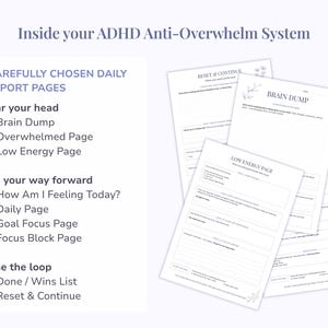 Pu&ograve; includere: Un set di pagine di supporto stampabili intitolate Inside your ADHD Anti-Overwhelm System. Il testo elenca 9 categorie tra cui Brain Dump, Overwhelmed Page, Low Energy Page, How Am I Feeling Today, Daily Page, Goal Focus e Reset & Continue.