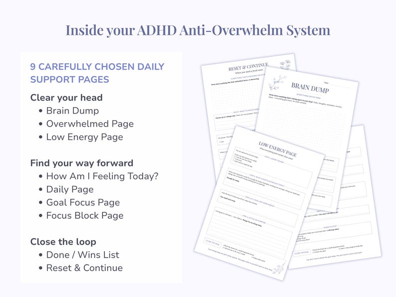Pu&ograve; includere: Un set di pagine di supporto stampabili intitolate Inside your ADHD Anti-Overwhelm System. Il testo elenca 9 categorie tra cui Brain Dump, Overwhelmed Page, Low Energy Page, How Am I Feeling Today, Daily Page, Goal Focus e Reset & Continue.