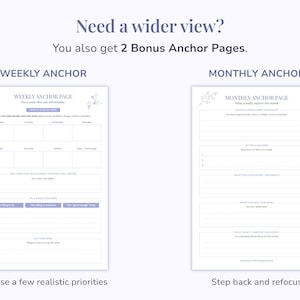 Pu&ograve; includere: Due pagine di agenda bianche intitolate Weekly Anchor Page e Monthly Anchor Page con testo e linee viola. La pagina settimanale include sezioni per la pianificazione giornaliera, mentre la pagina mensile presenta spazi per obiettivi e riflessioni.