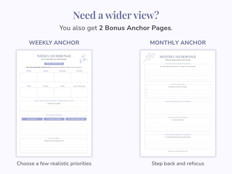 Pu&ograve; includere: Due pagine di agenda bianche intitolate Weekly Anchor Page e Monthly Anchor Page con testo e linee viola. La pagina settimanale include sezioni per la pianificazione giornaliera, mentre la pagina mensile presenta spazi per obiettivi e riflessioni.