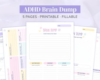 PDF stampabile e compilabile per la gestione della memoria in caso di ADHD, fogli per schiarire la mente in colori pastello, formato A4, A5, US Letter.
