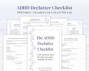 Lista di controllo per riordinare in caso di ADHD, PDF stampabile e compilabile, guida al riordino, guida all'organizzazione della casa, riorganizzazione stanza per stanza
