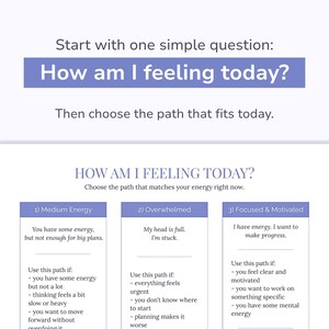 Pu&ograve; includere: Un grafico informativo bianco con intestazioni viola intitolato How am I feeling today? Il grafico presenta tre percorsi per i livelli di energia: Medium Energy, Overwhelmed e Focused & Motivated, ciascuno con criteri per guidare le decisioni.