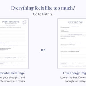 Pu&ograve; includere: Due pagine di agenda stampabili bianche con testo scuro. La pagina a sinistra &egrave; intitolata Overwhelmed Page e quella a destra Low Energy Page. Entrambe le pagine presentano sezioni strutturate con righe per scrivere, caselle di controllo e piccole illustrazioni floreali.