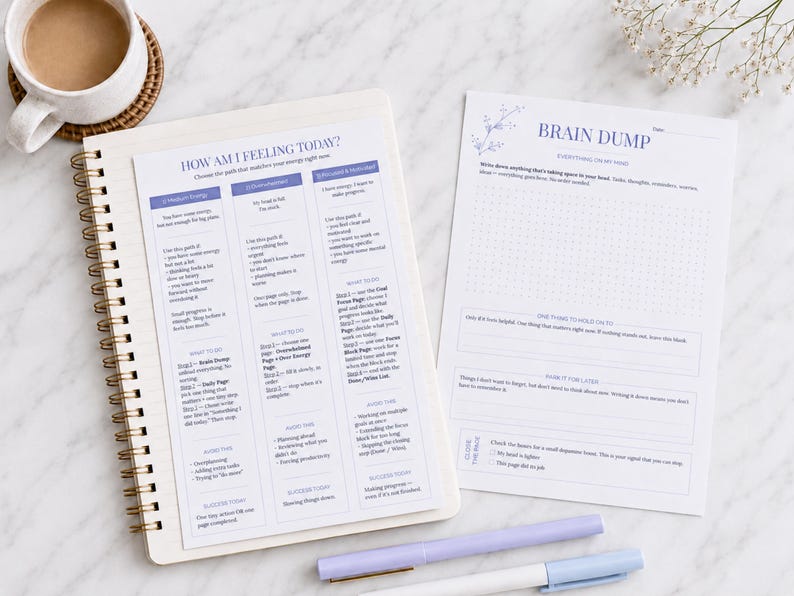Pu&ograve; includere: Un'agenda a spirale e un foglio di carta separato con le intestazioni HOW AM I FEELING TODAY e BRAIN DUMP. Le pagine contengono testo stampato, liste di controllo e sezioni a punti in inchiostro blu. Due penne viola chiaro sono appoggiate.