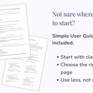 Pu&ograve; includere: Due pagine bianche con testo nero intitolate How to use this ADHD Organization Bundle, contenenti istruzioni ed elenchi puntati. A destra, un testo scuro recita Not sure where to start? Simple User Guide included, con i punti: Start with clarity, Choose the right page, Use less, not more.