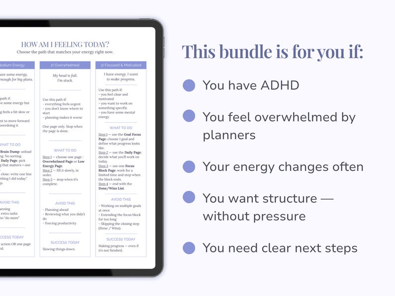 Pu&ograve; includere: Un tablet digitale mostra una pagina di pianificazione intitolata How Am I Feeling Today con tre colonne per i livelli di energia. A destra, un elenco intitolato This bundle is for you if include punti su ADHD, sovraccarico e struttura.