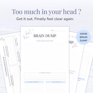 Puede incluir: Varias hojas de papel blancas con el texto "BRAIN DUMP" y "ADHD BRAIN DUMP" en azul claro. Las hojas tienen cuadrículas punteadas y secciones para notas, con las frases "TODAY'S FOCUS", "DON'T FORGET" y "FOR LATER".
