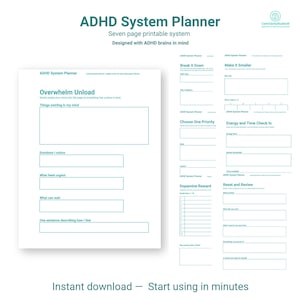 May include: ADHD System Planner printable system. The seven-page system is designed with ADHD brains in mind. The planner includes sections for managing overwhelm, prioritizing tasks, and tracking energy levels. The text on the image says "Instant download - Start using in minutes."