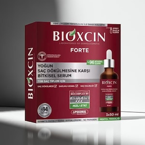 May include: A dark red box and bottle of Bioxcin Forte serum for hair loss. The box features white text and a green percentage symbol. The bottle has a dropper and contains 50 ml of serum. The product is dermatologically tested.