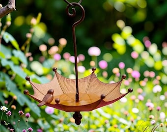 Vintage Umbrella Hanging Bird Feeder, Rustic Metal Garden Decor, Outdoor Bird Feeding Station, Whimsical Porch Patio Decoration, Garden Gift