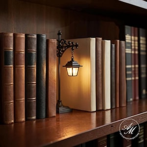 May include: A miniature black metal street lamp with a glowing light, positioned between several hardcover books on a wooden shelf. The lamp features an ornate scrollwork design on the post and a small, square lantern head emitting a warm light.