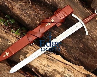 Medieval Crusader Sword Replica – Knight Templar Cross Longsword with Leather Sheath – Wall Display & Collectible