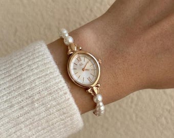 White Pearl Gemstone Bracelet, Vintage Style Stainless Steel Dainty Watch, Elegant Jewelry Gift for Her