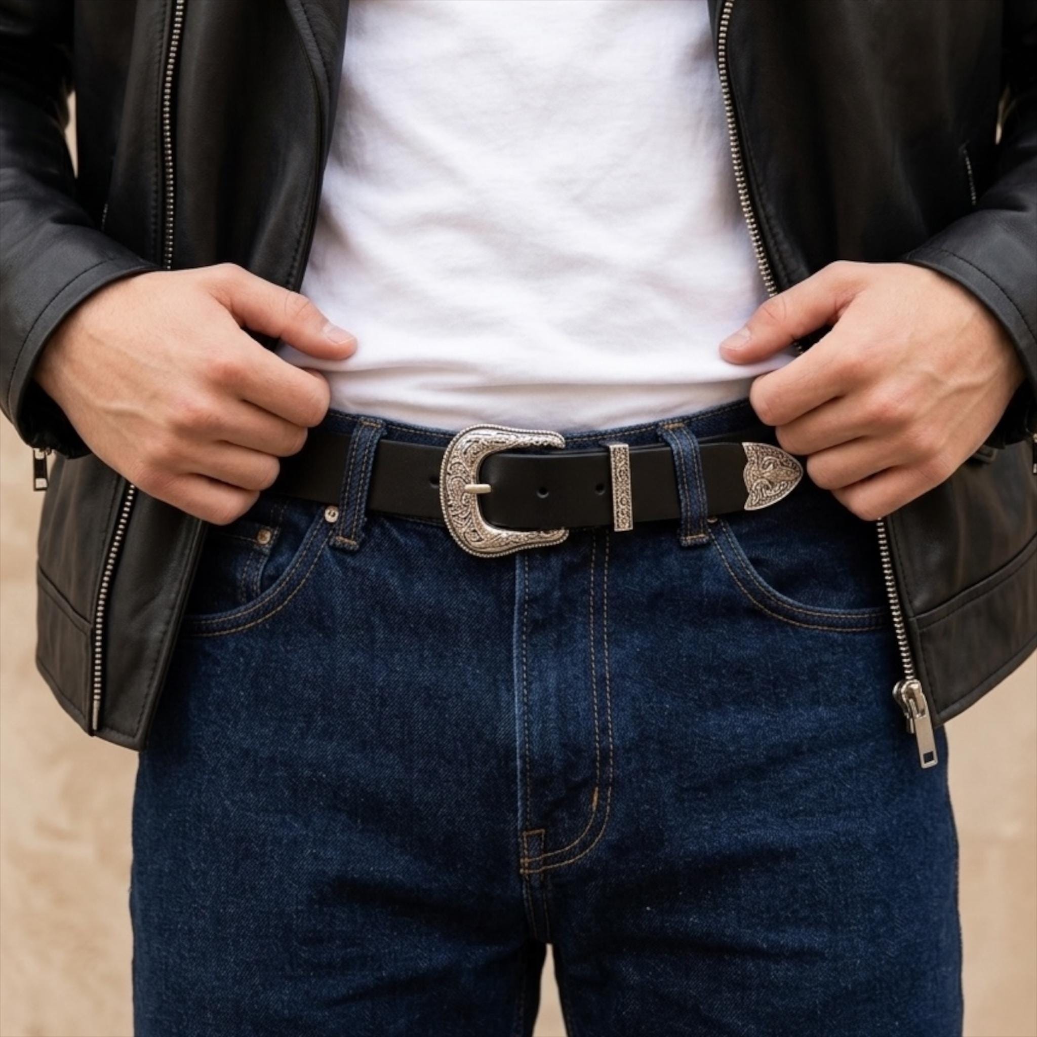 Vintage Chunky Silver Buckle Midnight Blue Leather Wide Belt Size Small Vintage Black Wide Genuine Leather Belt Silver Ring Buckle main image 4
