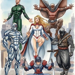 Puede incluir: Un PDF de descarga digital titulado "SUPERHEROES COLORING Anti-Heroes" con ilustraciones de personajes disfrazados. Los personajes están en varias poses, con un paisaje urbano de fondo. La imagen es de estilo acuarela.