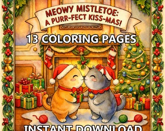 Kawaii Christmas Cats Coloring Book, 13 Hand-Drawn Holiday Pages (Digital Download, PDF & PNG Files)